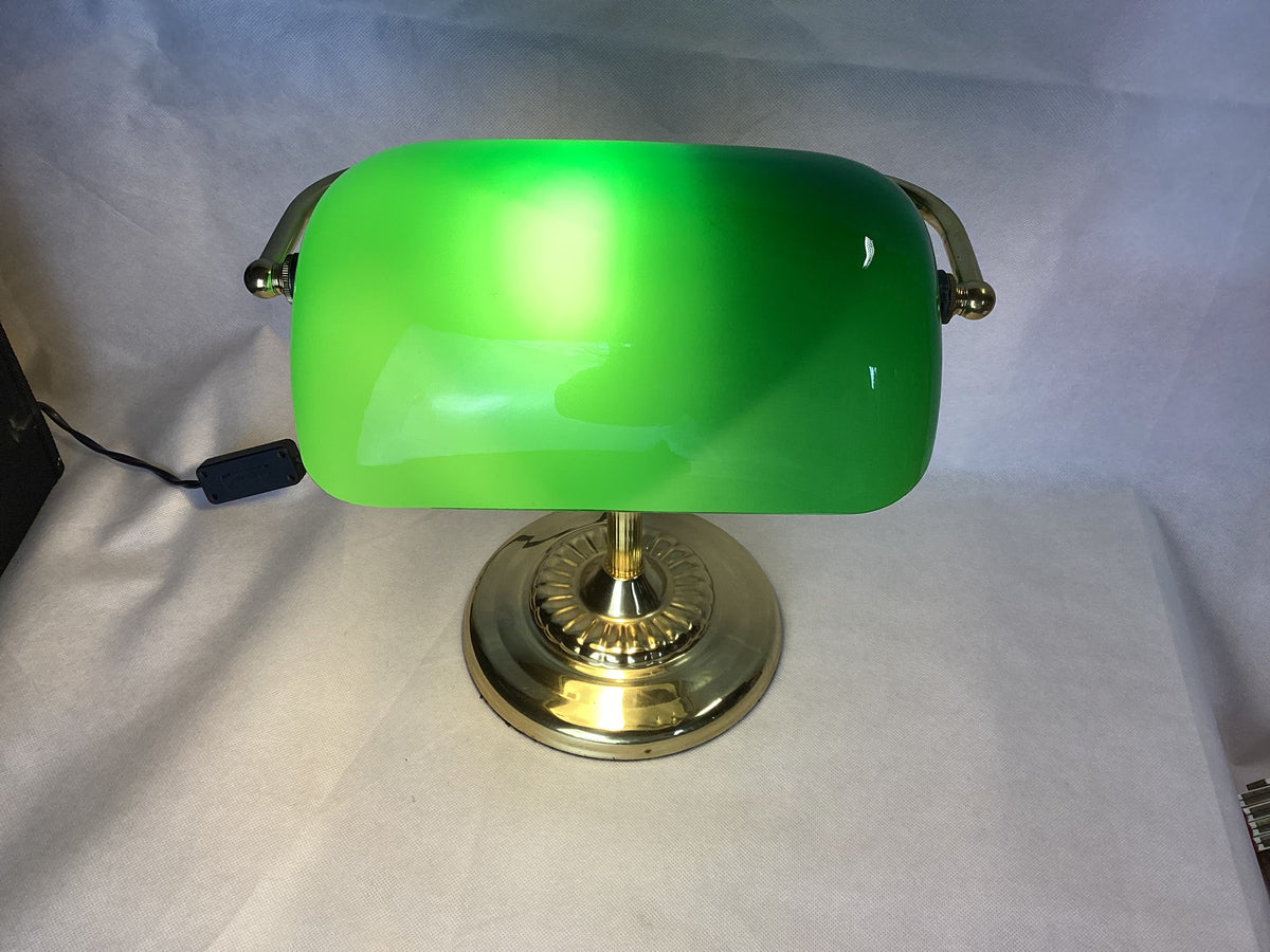 Brass banker's lamp with green glass shade, vintage, 30 cm