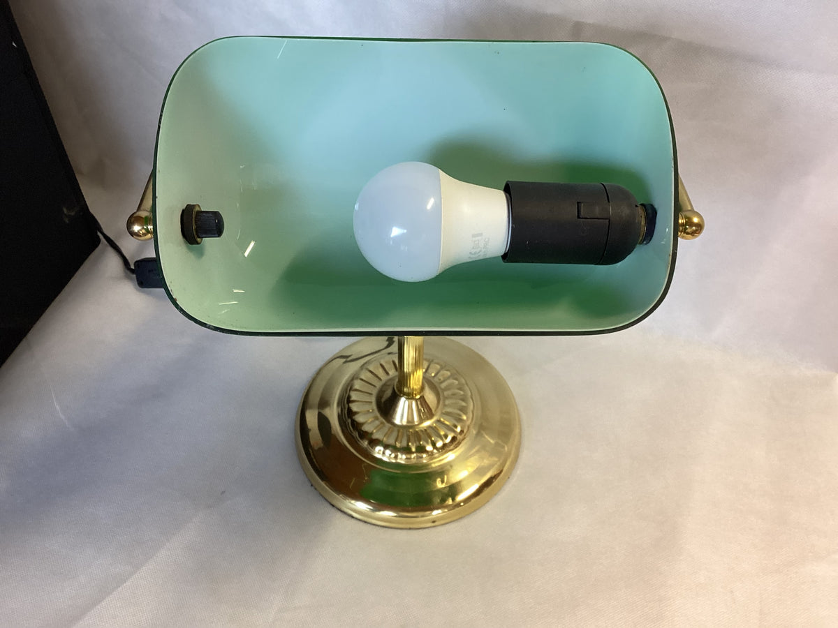 Brass banker's lamp with green glass shade, vintage, 30 cm