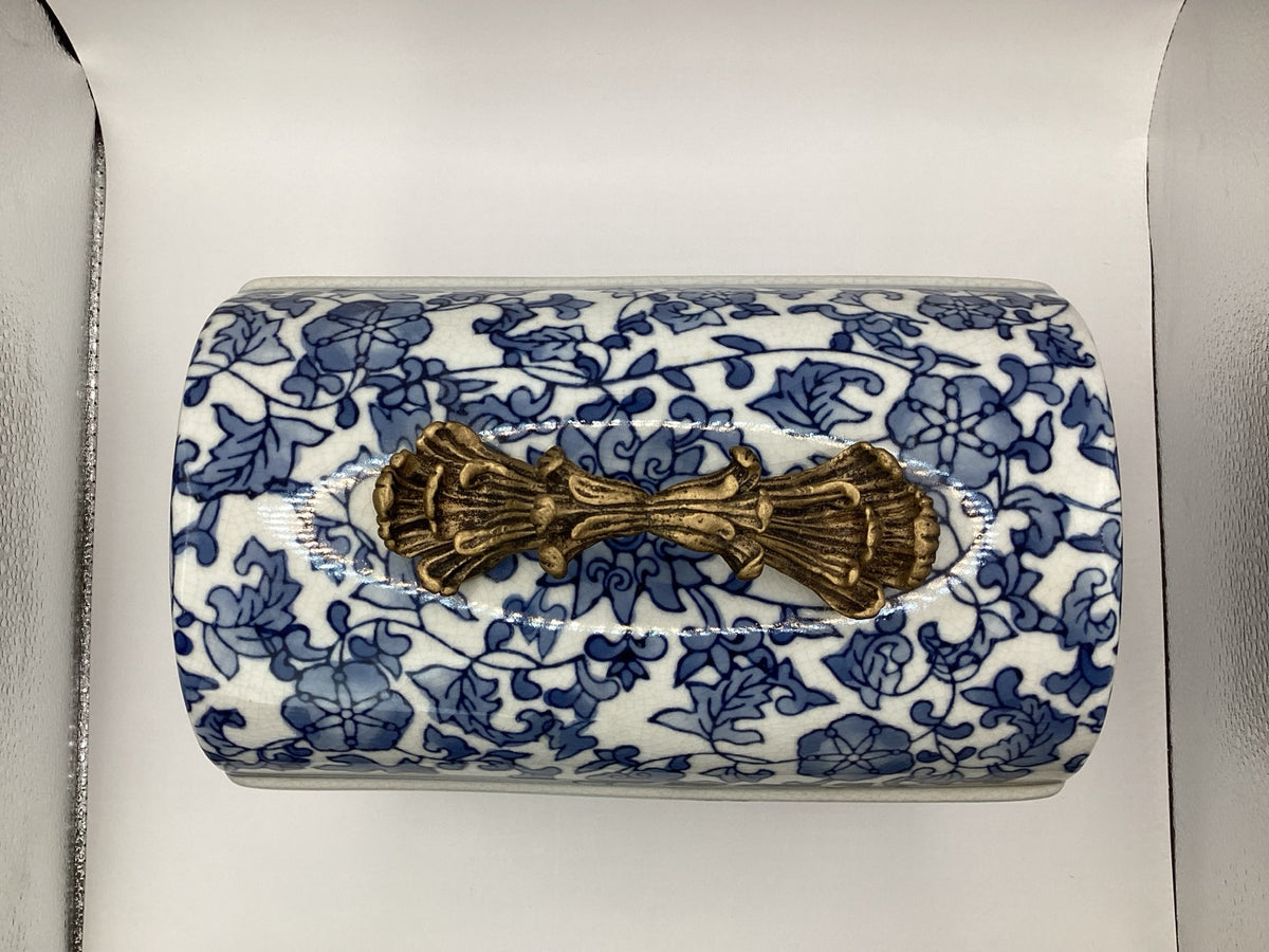 Neundorf ceramic trinket box, blue and white, brass fittings, 23 cm