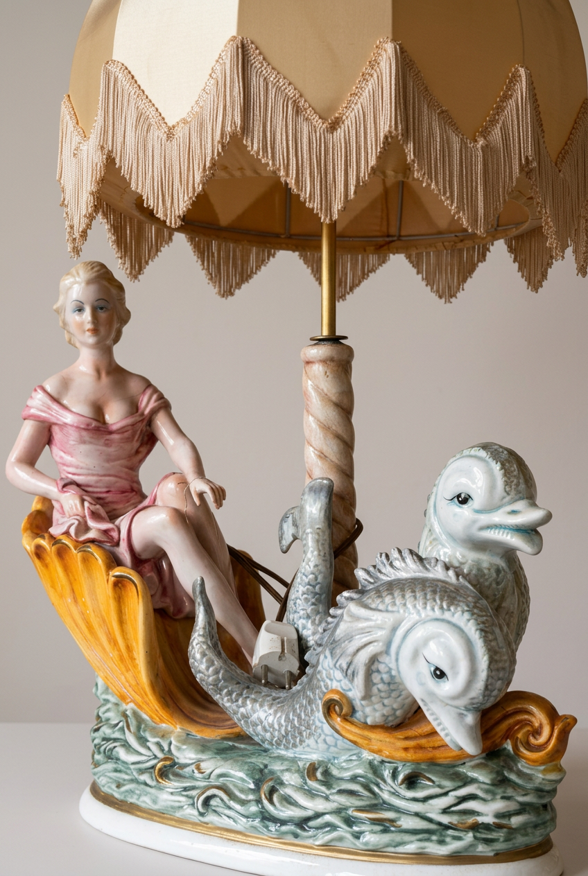 Porcelain table lamp with female figure and dolphins, white, 82 cm
