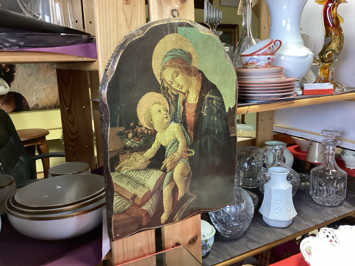 Icône en bois Madonna del Libro d’après Botticelli, craquelé, 40 cm