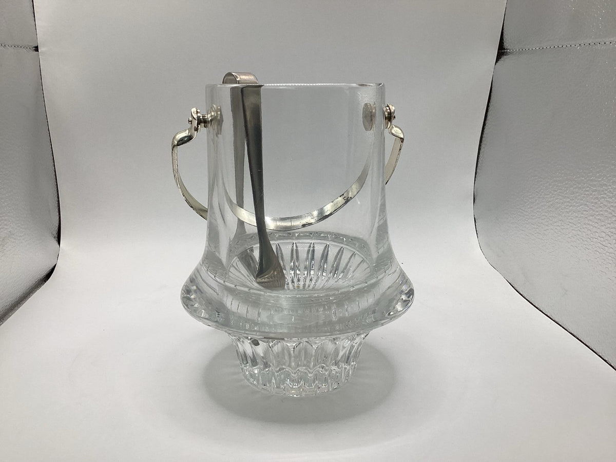 Vintage glass ice cube container with ice tongs and metal handle, 17 cm