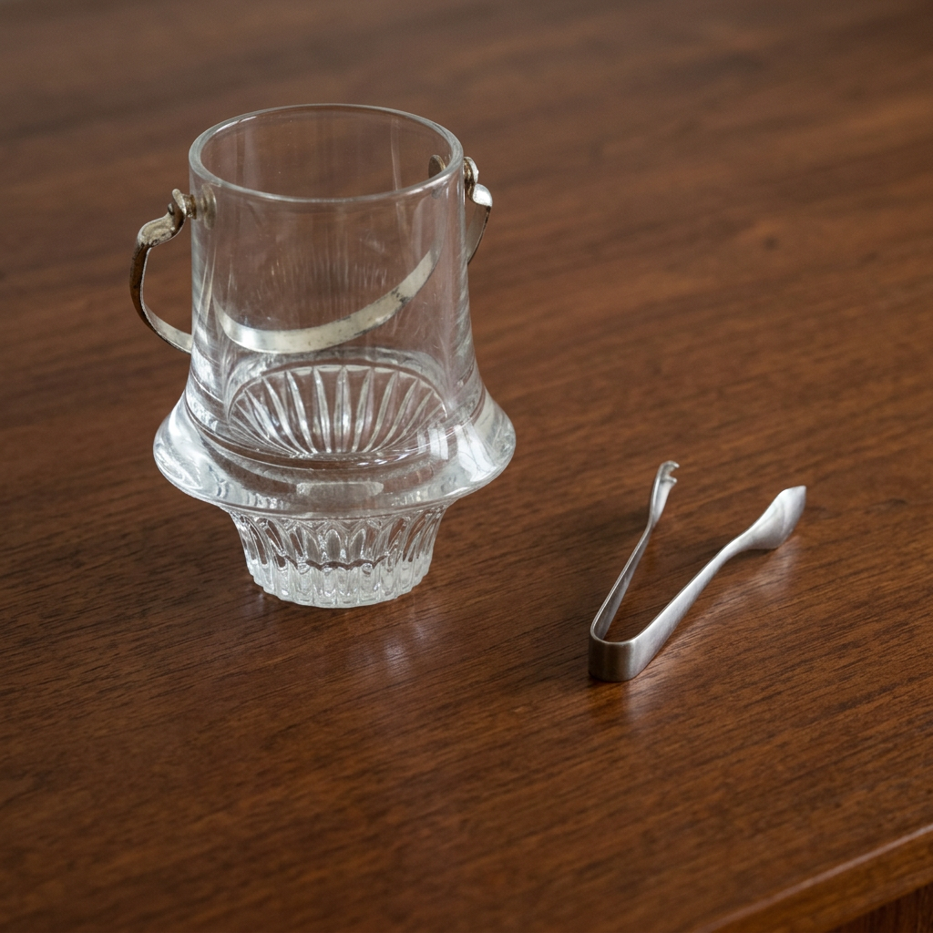 Vintage glass ice cube container with ice tongs and metal handle, 17 cm