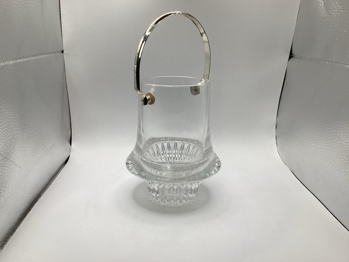 Vintage glass ice cube container with ice tongs and metal handle, 17 cm