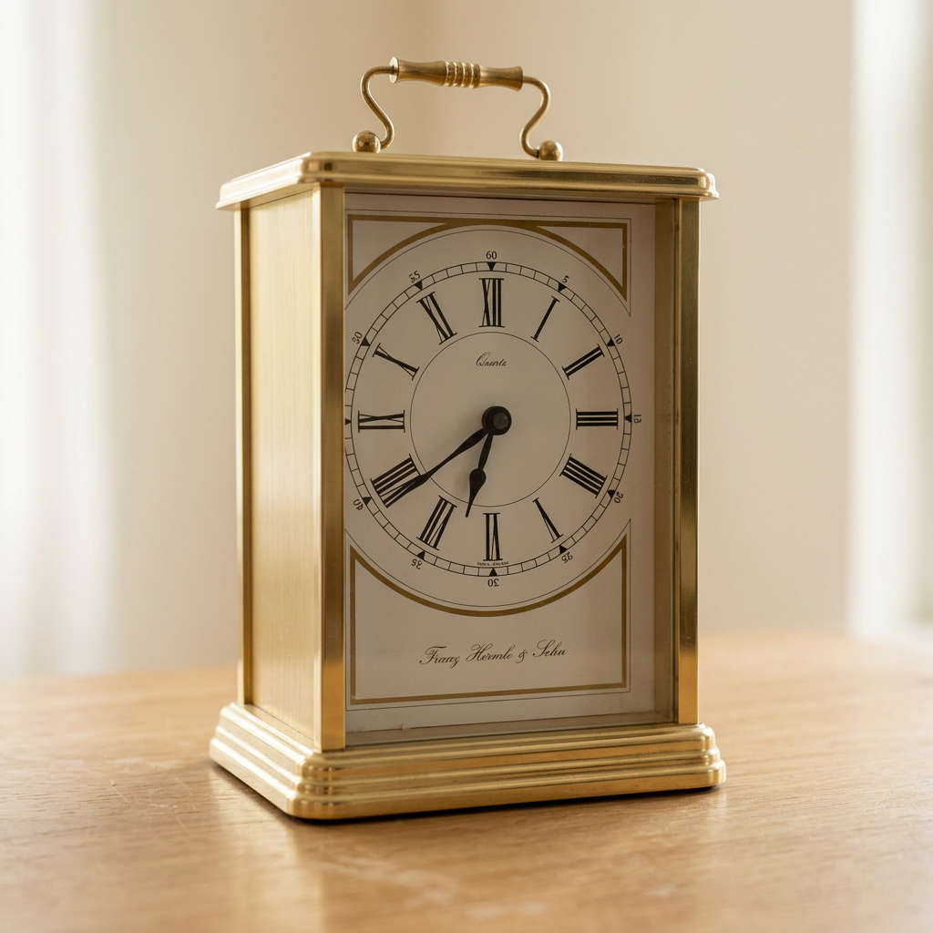 Hermle Quarz-Tischuhr, goldfarben, mit Tragegriff, 21 cm – Wohnbeispiel