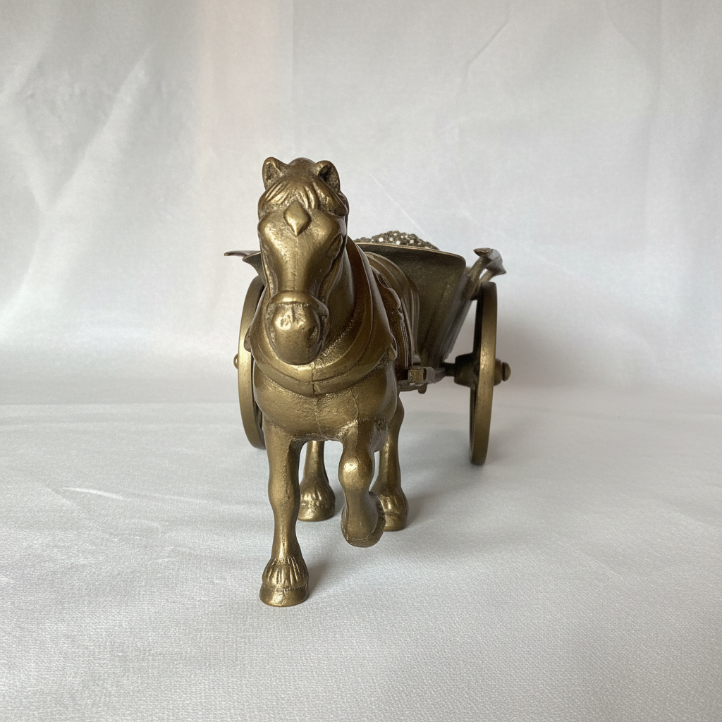Messing paard met kar en pyriet, decoratief figuur, 43 cm