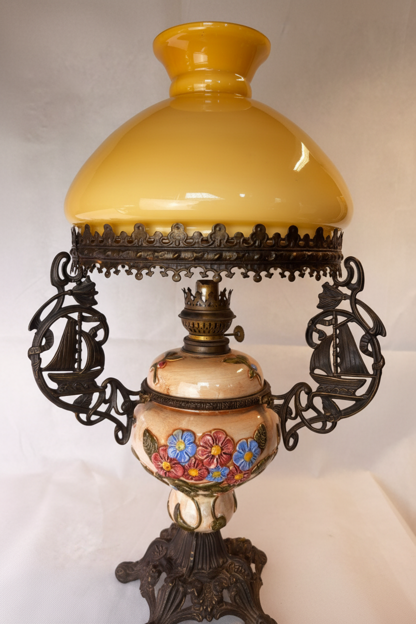 Lampada a petrolio con paralume in vetro dipinto a mano e base in ottone, 68 cm
