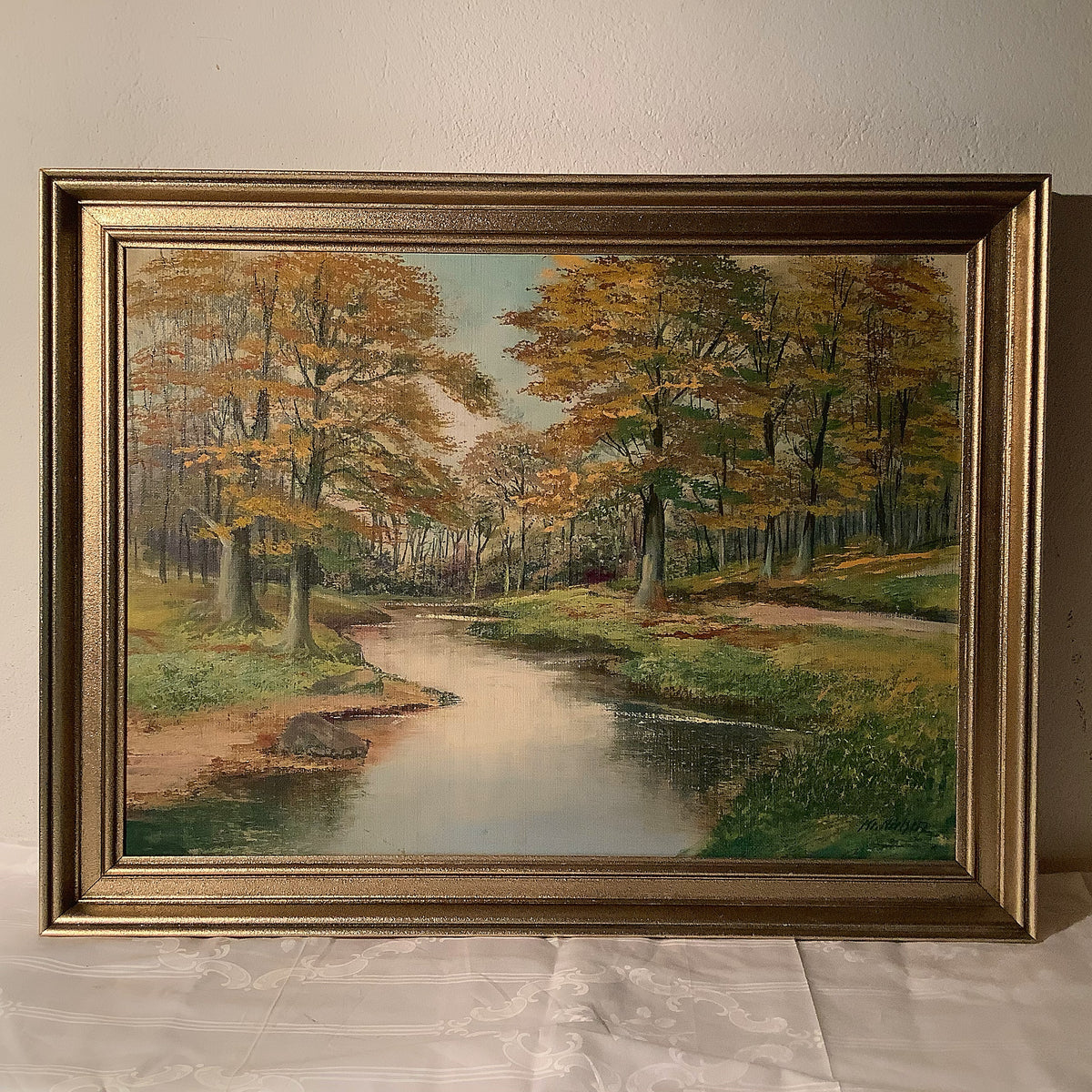 Large framed stream landscape, 77 x 60 cm