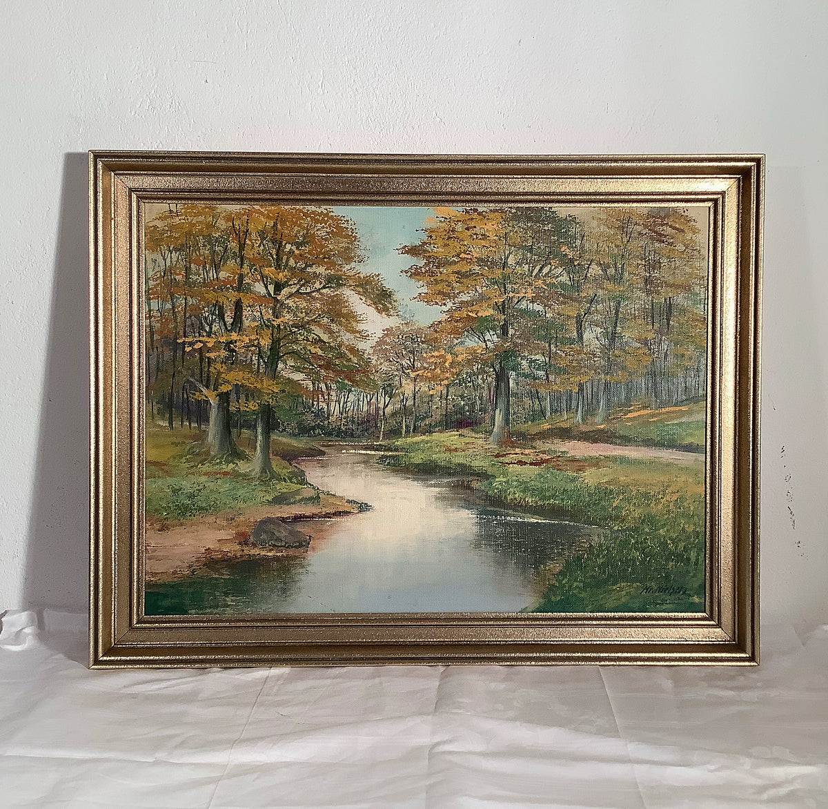 Large framed stream landscape, 77 x 60 cm
