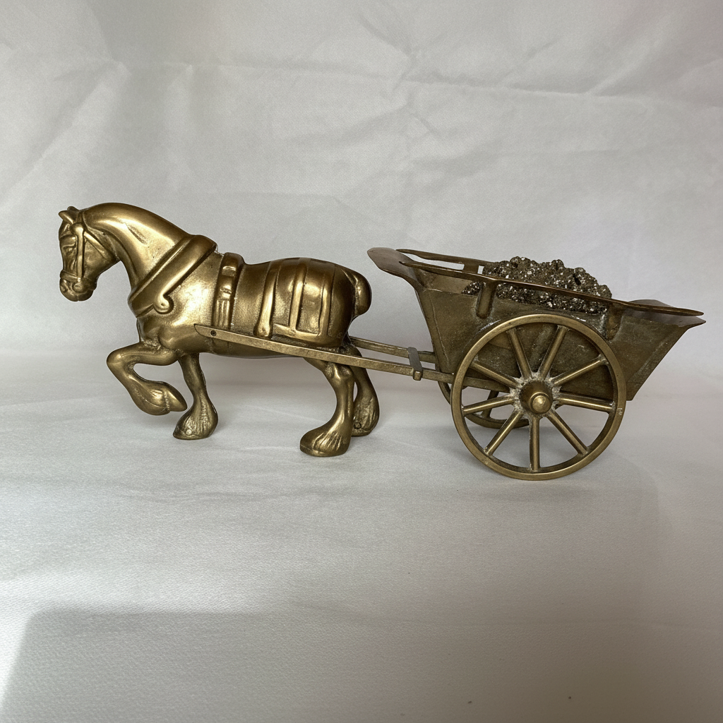 Messing paard met kar en pyriet, decoratief figuur, 43 cm