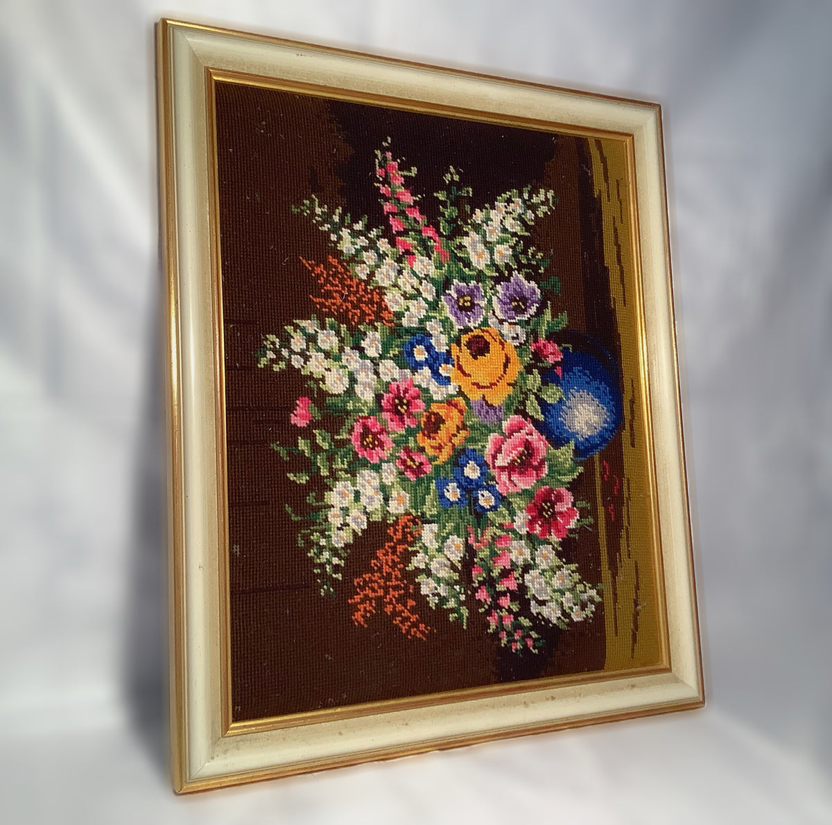 Gesticktes Gobelin-Wandbild im Holzrahmen, Vintage