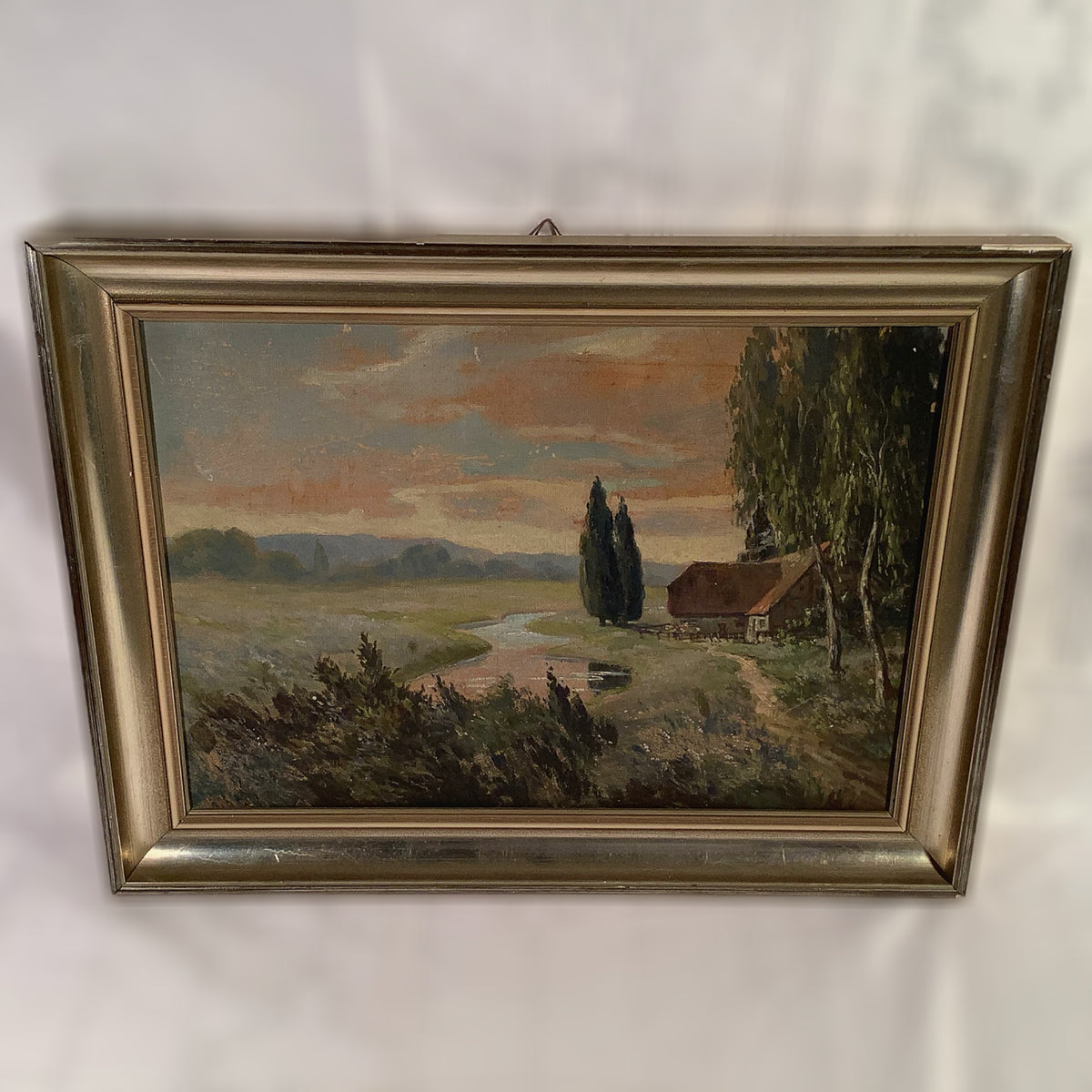 Vintage meadow painting in frame, 32.5 x 27.5 cm