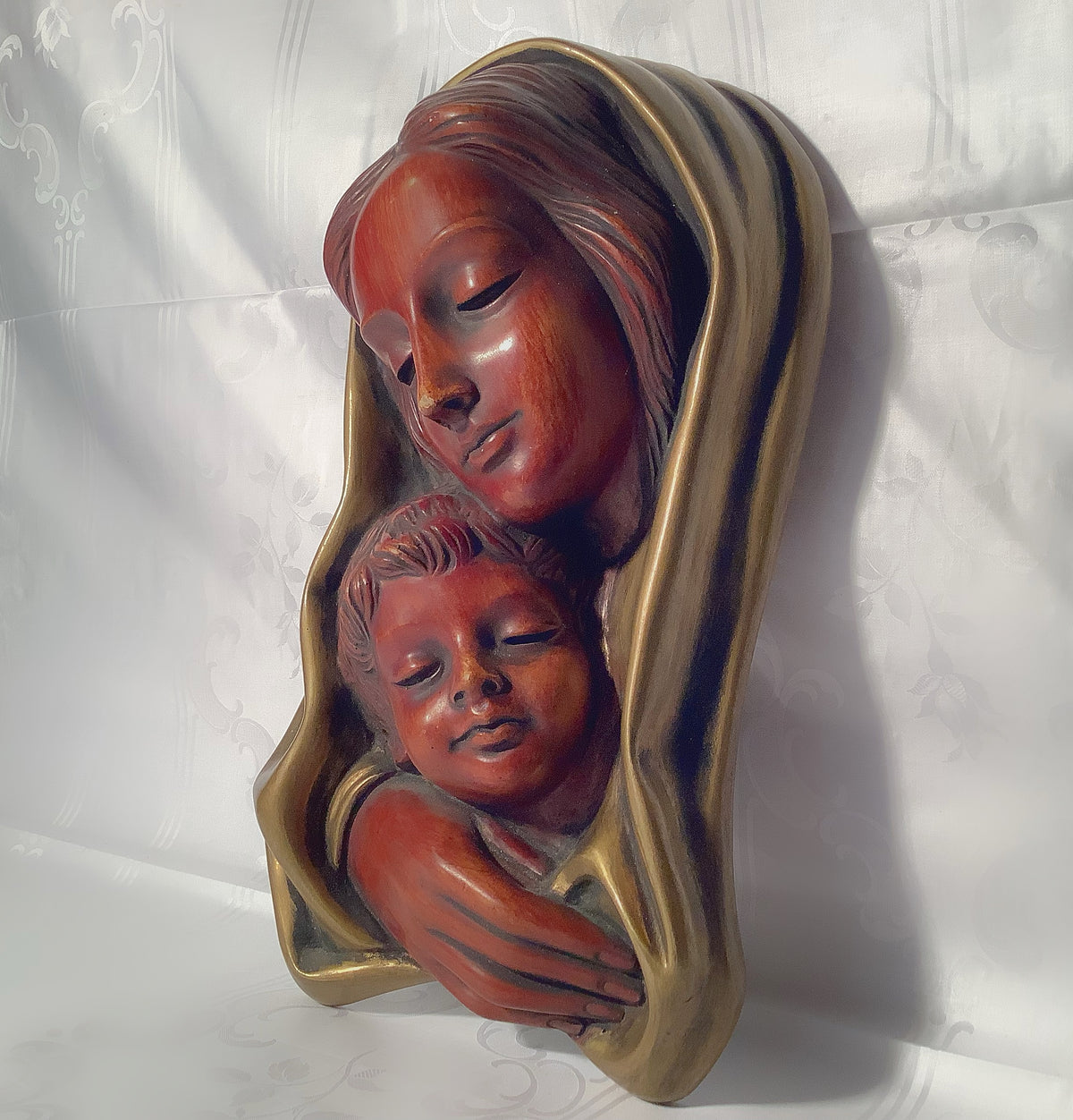 Statue en bois de Marie avec l’Enfant Jésus, sculptée à la main, 30 cm