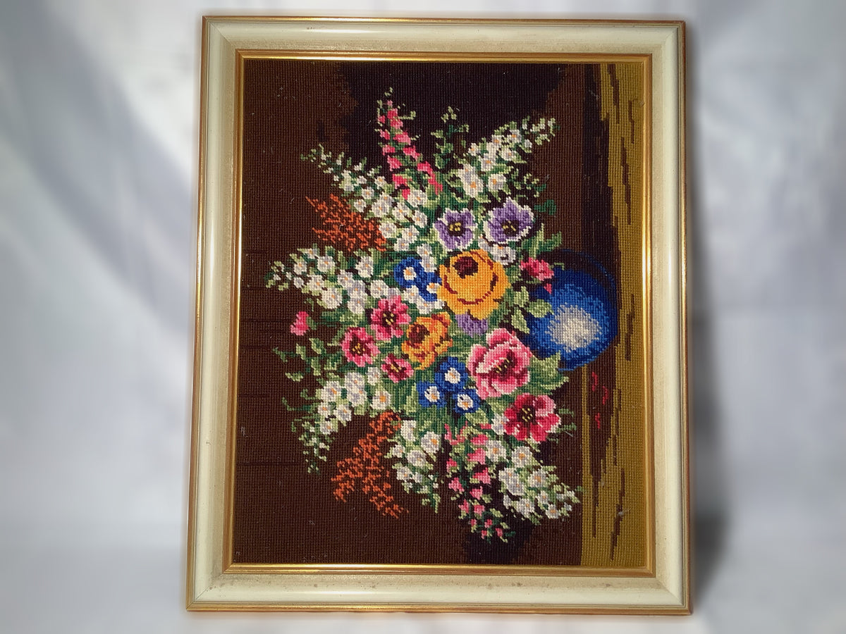 Gesticktes Gobelin-Wandbild im Holzrahmen, Vintage – weitere Ansicht