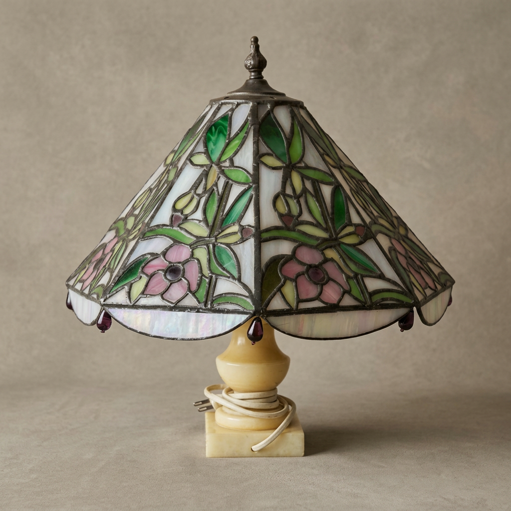 Lampada Tiffany con base in marmo, vetro colorato, 41 cm, stile Liberty