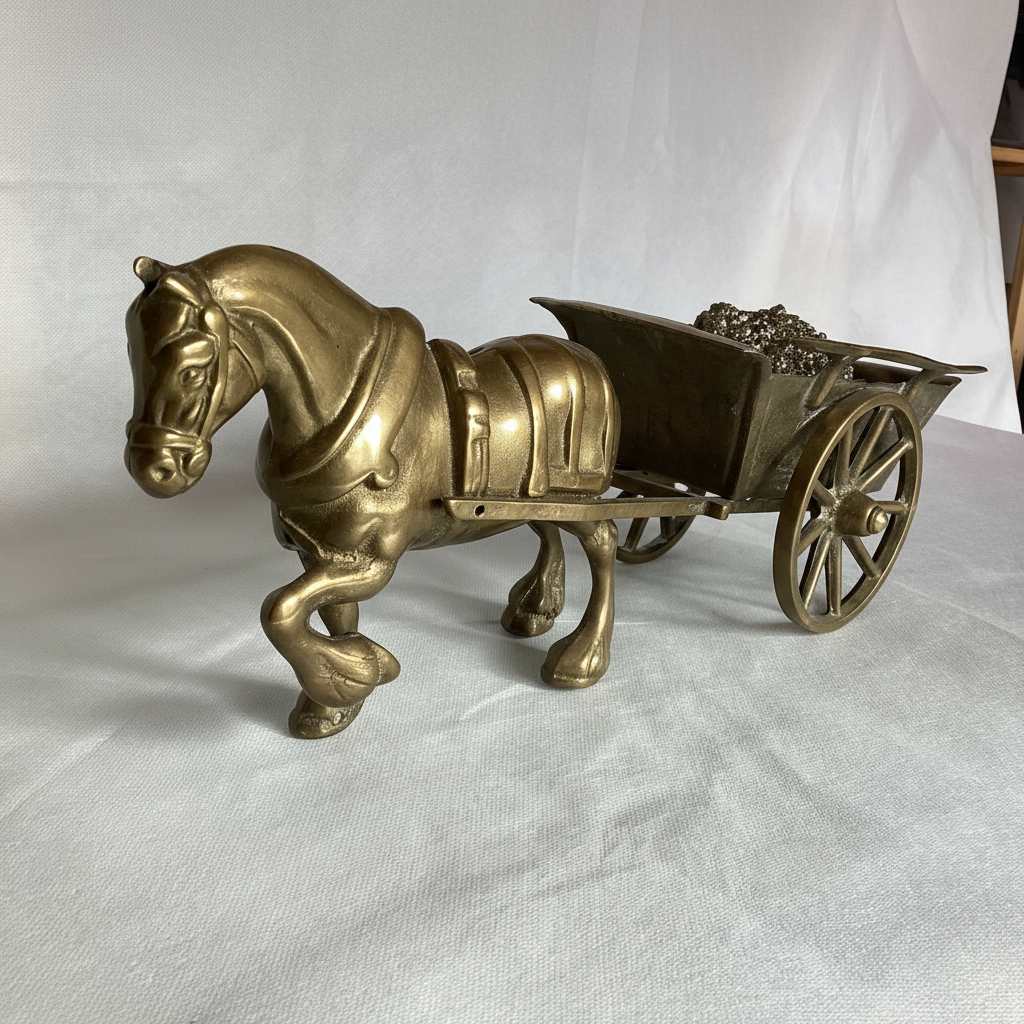 Messing paard met kar en pyriet, decoratief figuur, 43 cm