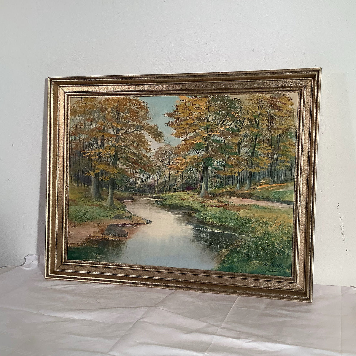 Large framed stream landscape, 77 x 60 cm