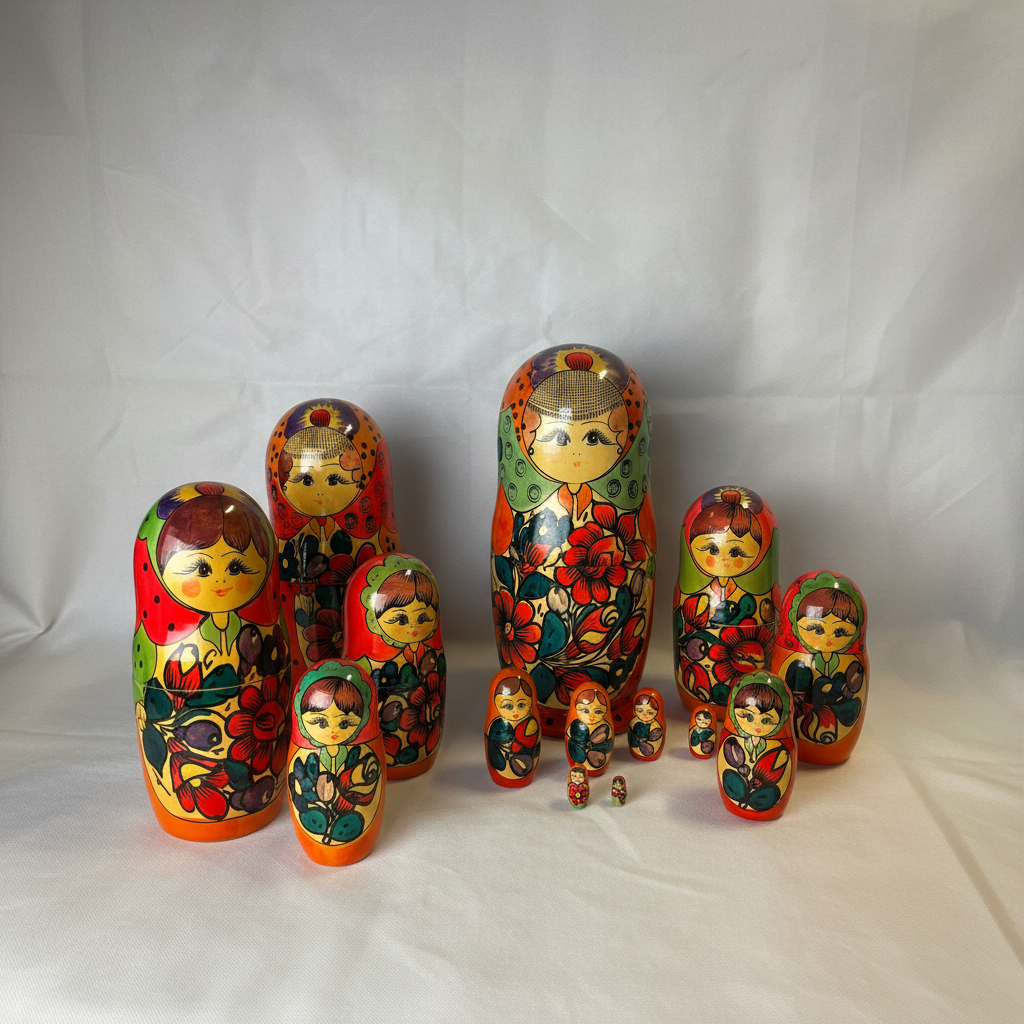 Matroesjka-set vintage, 14-delig, rood-groen, 33 cm