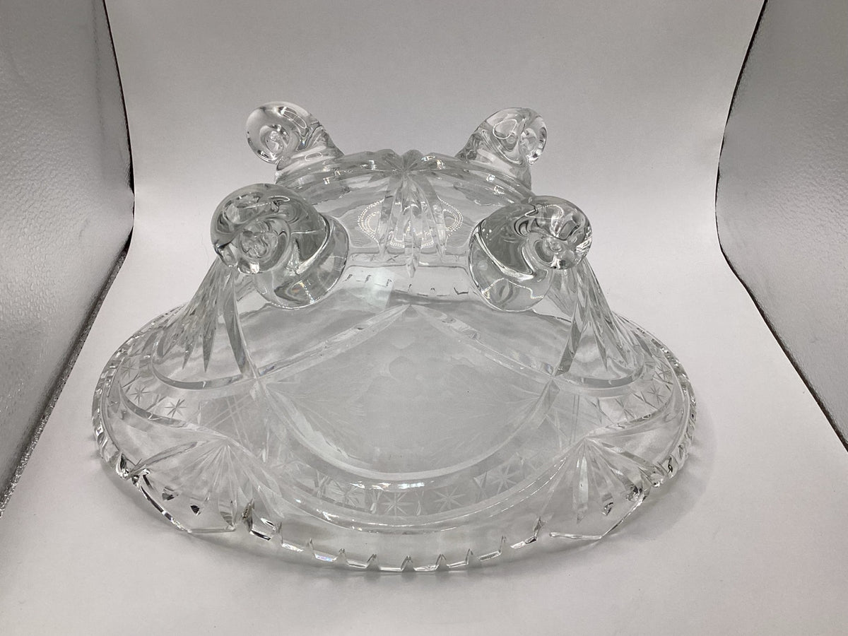 Ovale kristallen schaal op vier glazen poten, sterrenfacettering, 30 cm