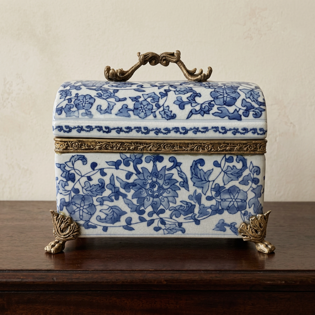 Neundorf ceramic trinket box, blue and white, brass fittings, 23 cm