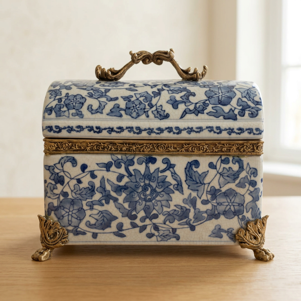 Neundorf ceramic trinket box, blue and white, brass fittings, 23 cm