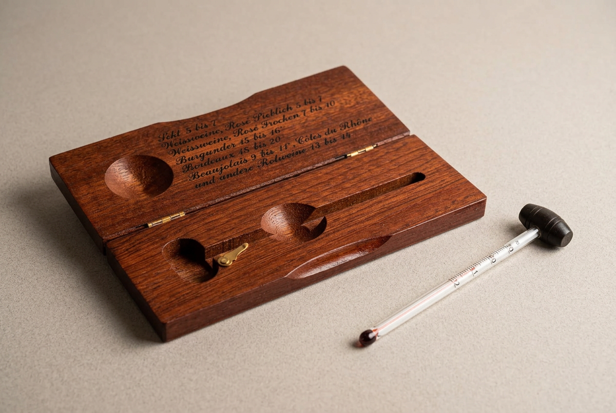 Thermomètre à vin vintage en coffret bois avec tableau des températures, 14 cm