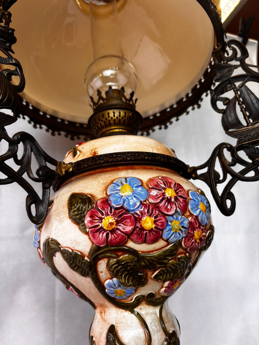 Vintage Petroleumlampe handgemalt – Rarität mit Messingfuß & Docht – weitere Ansicht