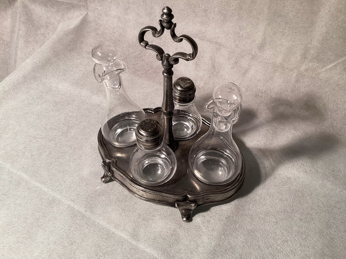 Menage im Jugendstil aus Zinn für Essig, Öl, Salz und Pfeffer