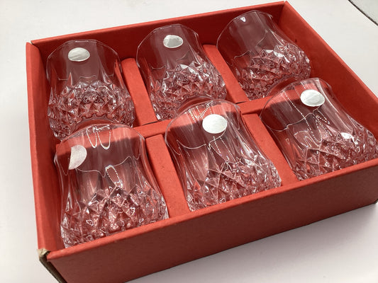 Sechs Cristal d’Arques Longchamp Likörgläser im roten Originalkarton, Schrägansicht