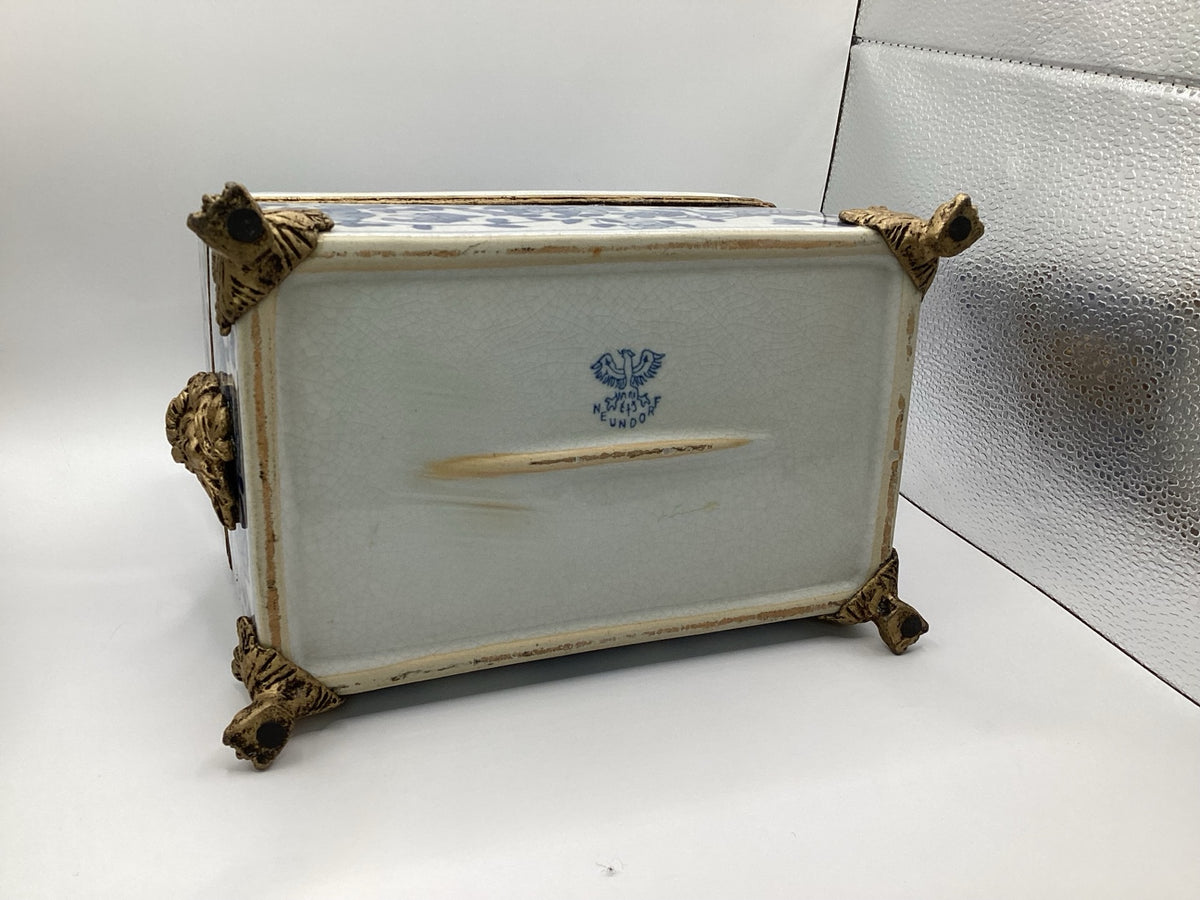 Neundorf ceramic trinket box, blue and white, brass fittings, 23 cm