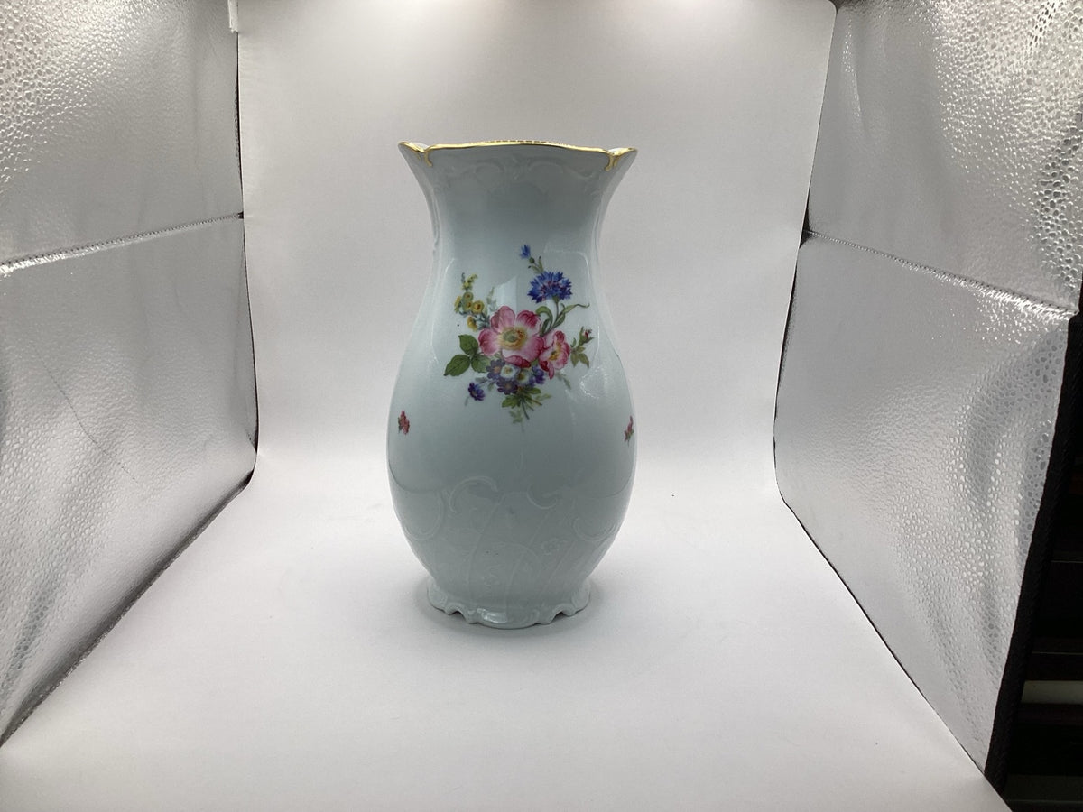 Fürstenberg porseleinen vaas met bloemendecor, gouden rand & reliëf, 24,5 cm
