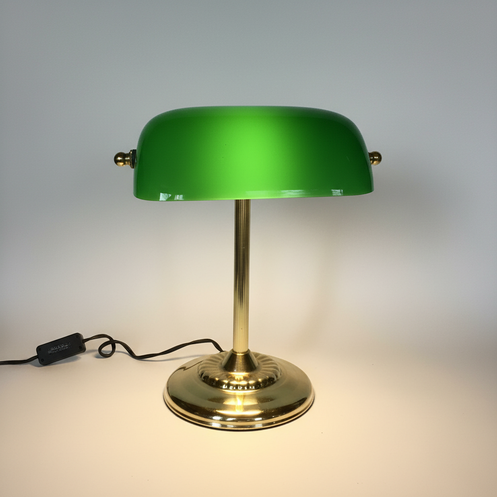 Vintage Bankerlampe Messing mit grünem Glasschirm - Schreibtischlampe – Detailansicht 4