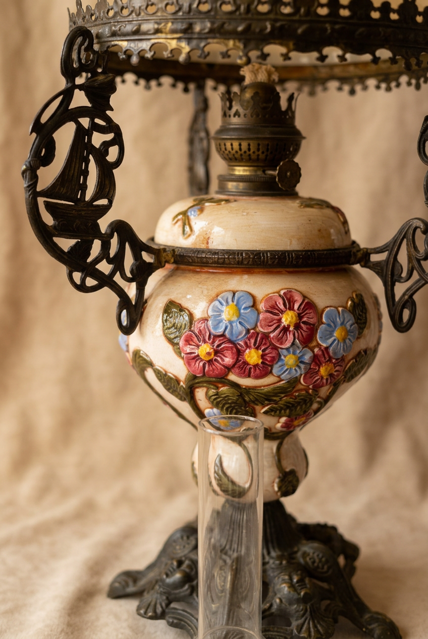 Lampada a petrolio con paralume in vetro dipinto a mano e base in ottone, 68 cm