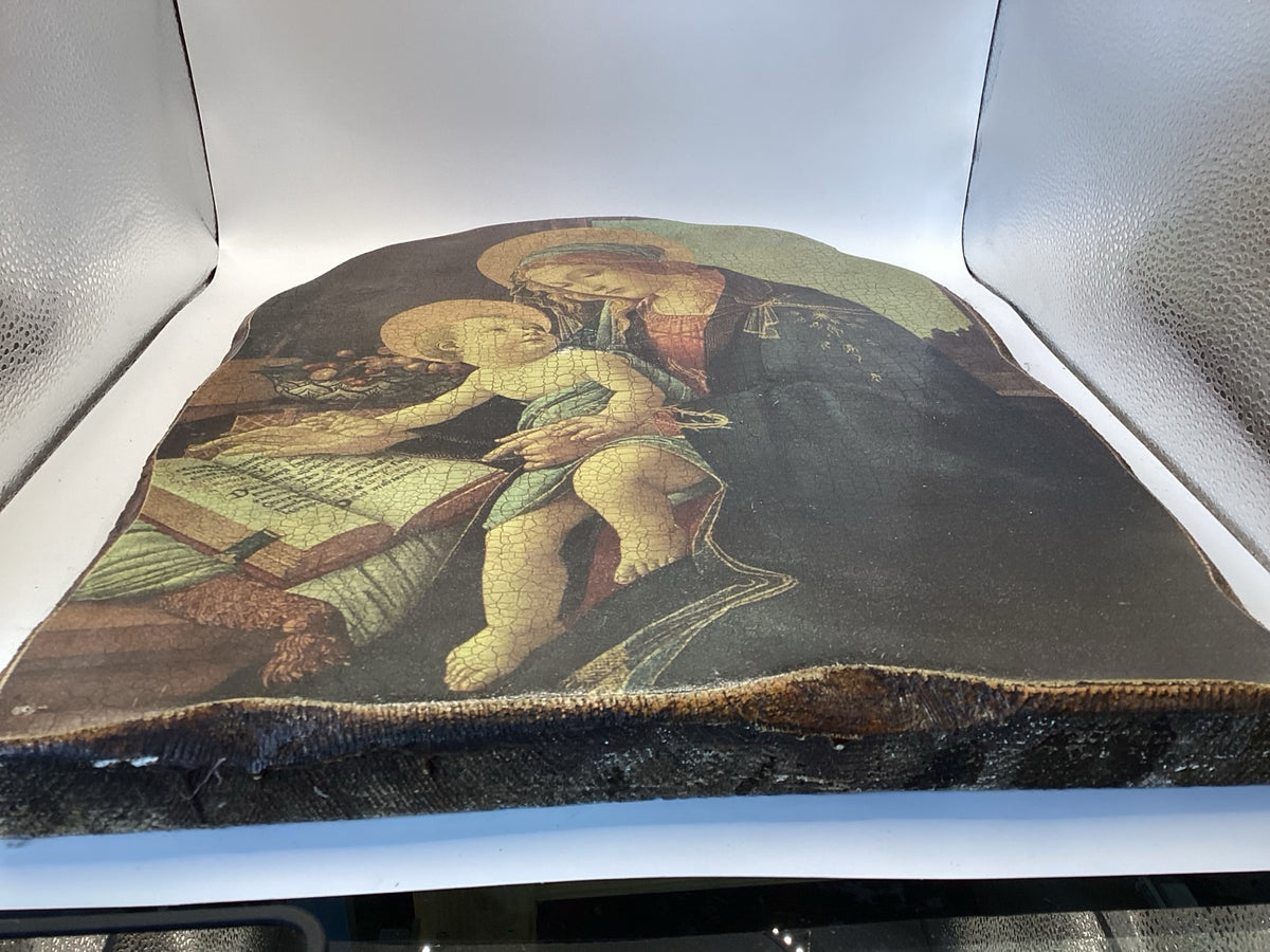 Icône en bois Madonna del Libro d’après Botticelli, craquelé, 40 cm