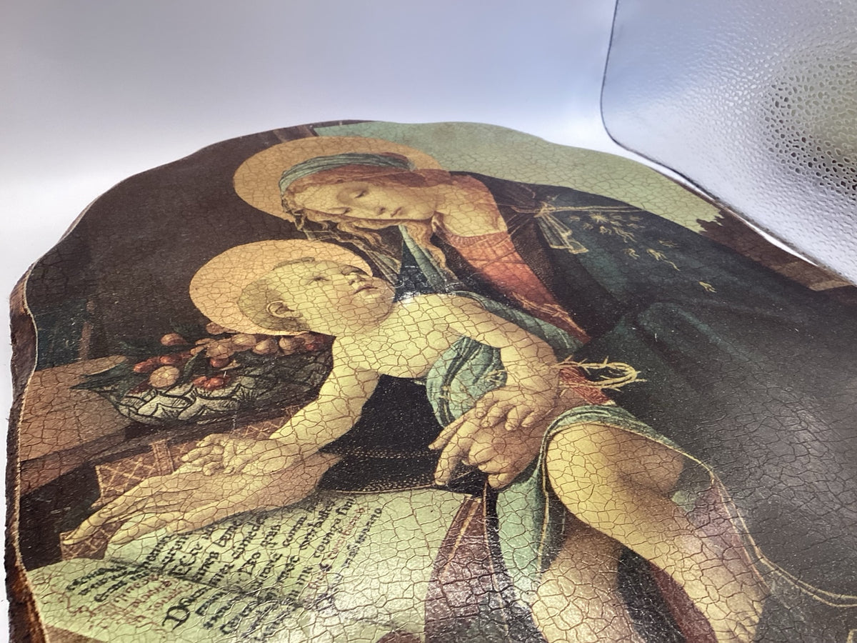Icône en bois Madonna del Libro d’après Botticelli, craquelé, 40 cm