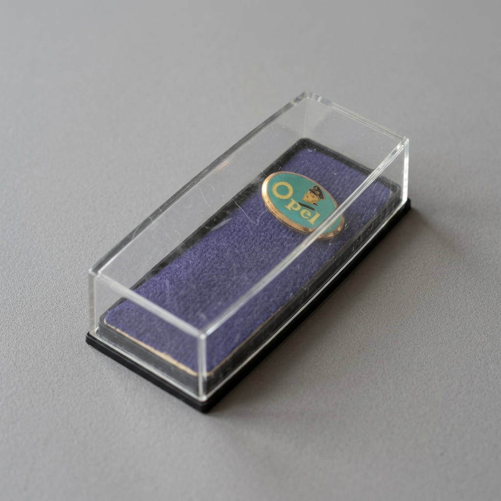 Vintage Opel speldje, ovale pin met figuurmotief en doosje