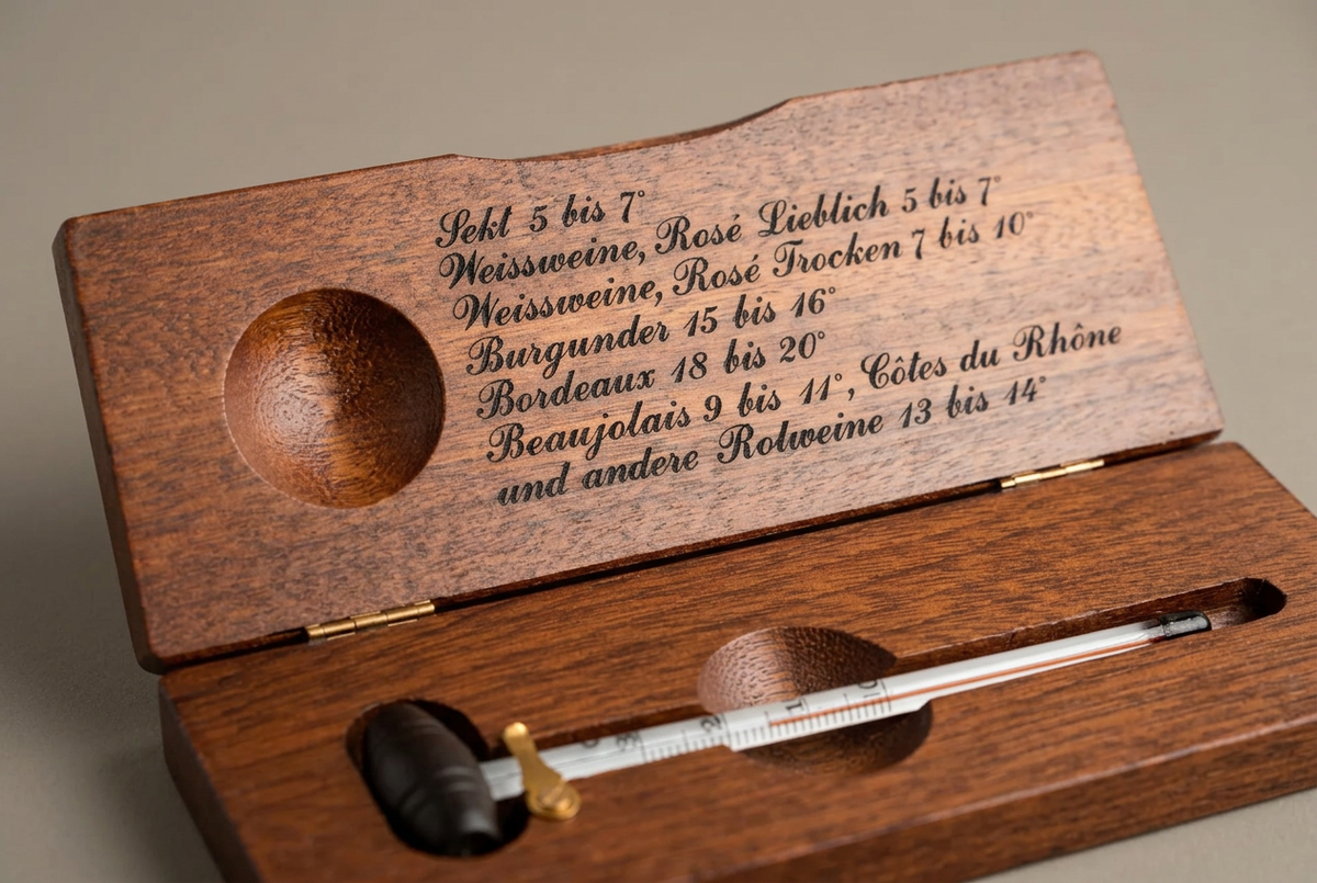 Thermomètre à vin vintage en coffret bois avec tableau des températures, 14 cm