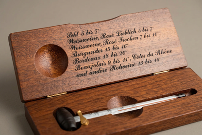 Thermomètre à vin vintage en coffret bois avec tableau des températures, 14 cm