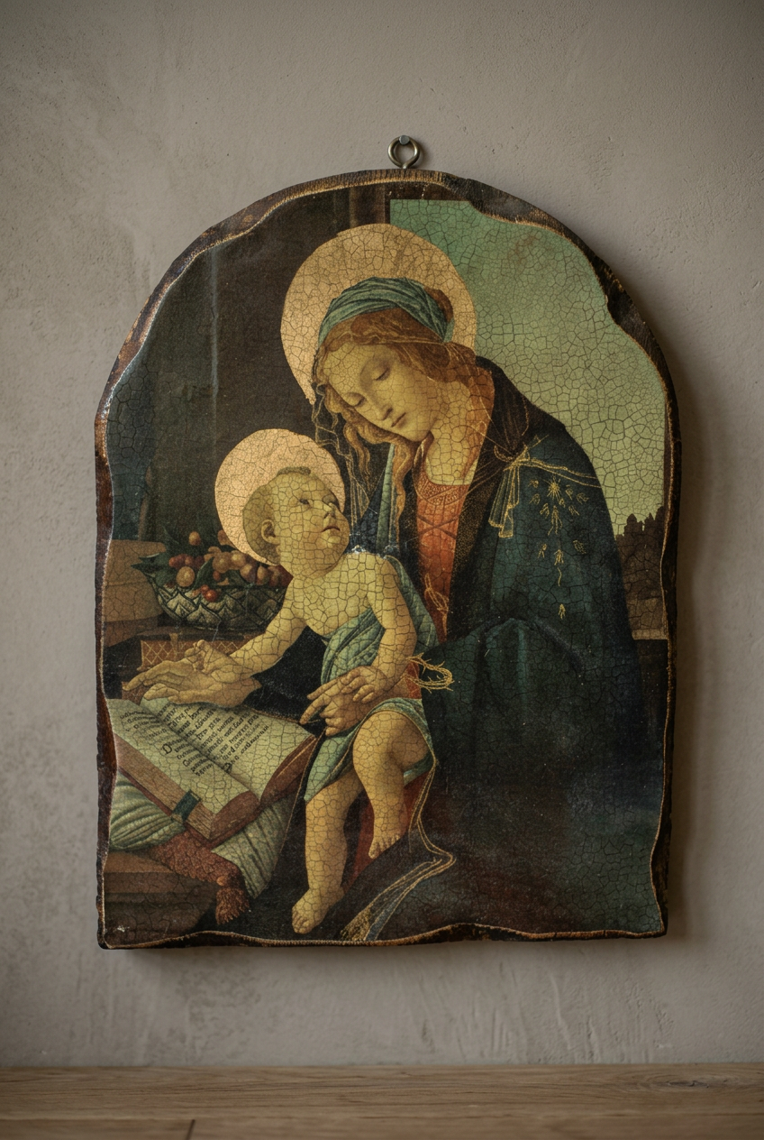 Icône en bois Madonna del Libro d’après Botticelli, craquelé, 40 cm