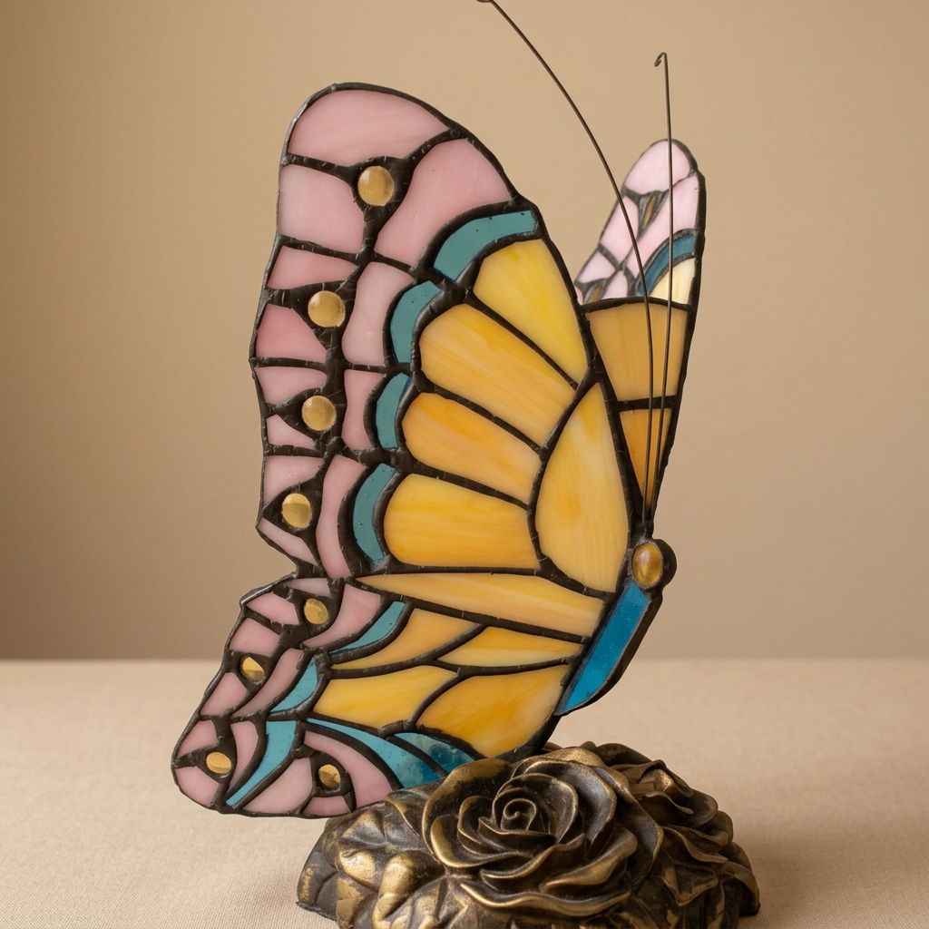 Tiffany-stijl tafellamp met vlindermotief, gekleurd glas, 24 cm