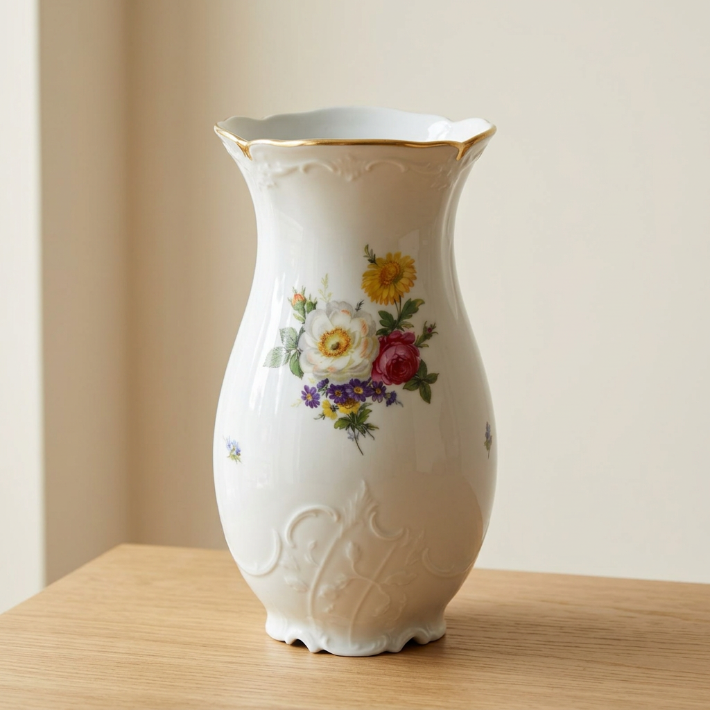 Fürstenberg porseleinen vaas met bloemendecor, gouden rand & reliëf, 24,5 cm
