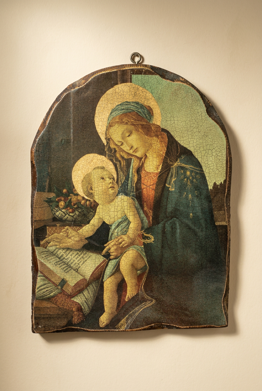 Icône en bois Madonna del Libro d’après Botticelli, craquelé, 40 cm