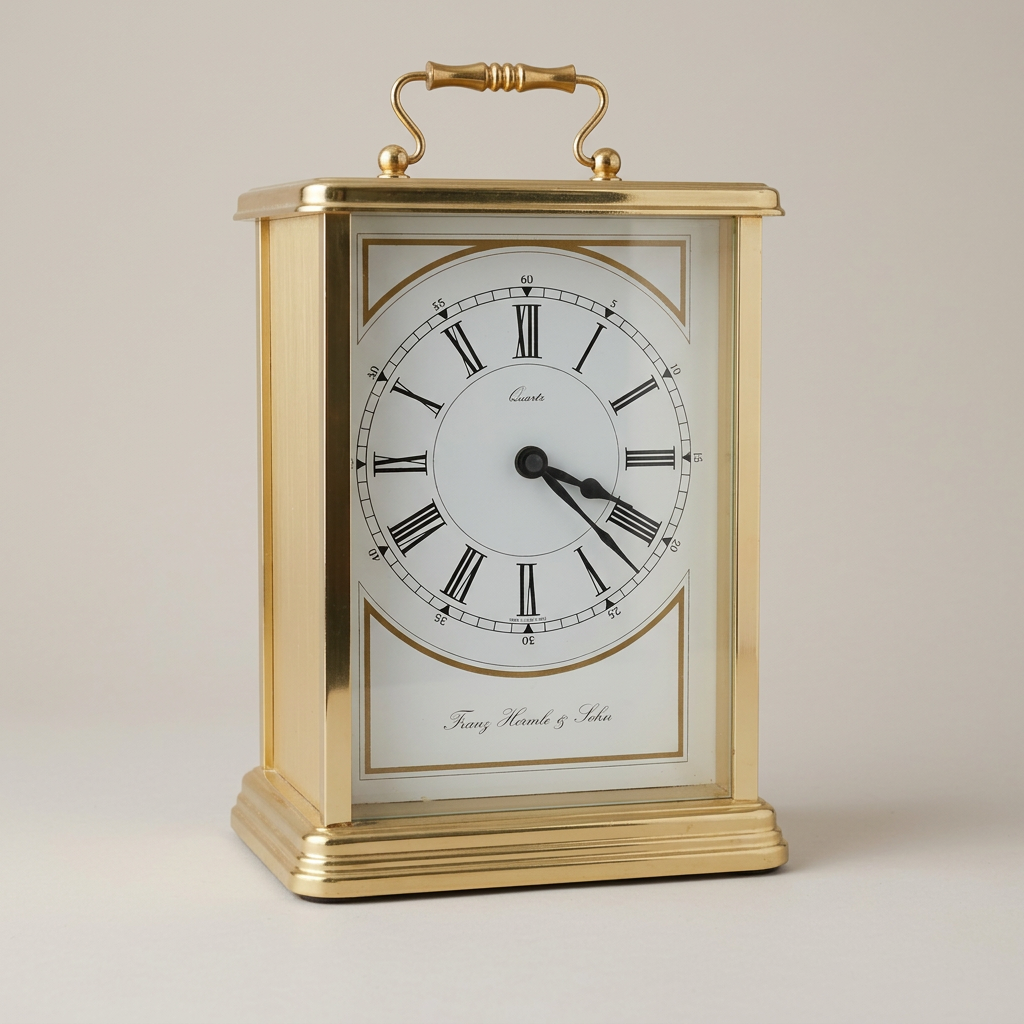 Hermle Quarz-Tischuhr, goldfarben, mit Tragegriff, 21 cm – freigestellte Gesamtansicht