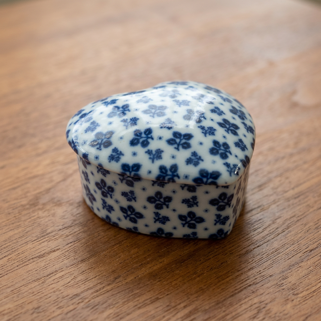Boîte en céramique en forme de cœur avec couvercle, décor floral bleu et blanc, 8 cm