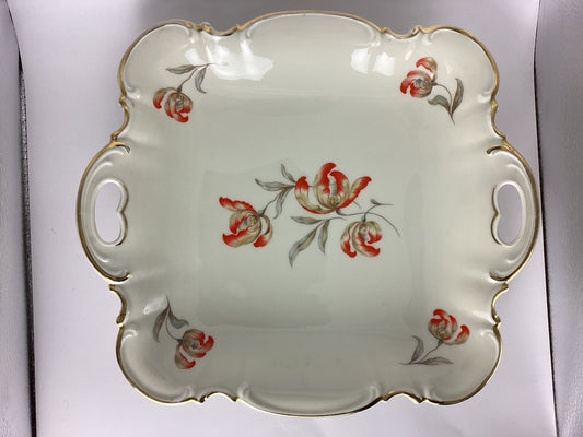 Hutschenreuther Selb Porzellan-Servierplatte mit roten Blumen und Goldrand, Draufsicht