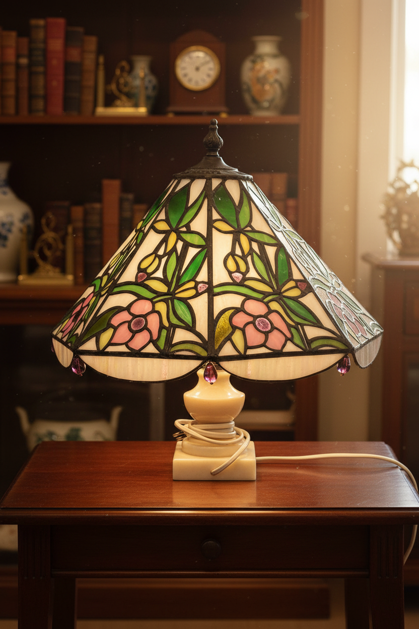 Tiffany-Lampe mit Marmorfuß, Buntglas, 41 cm, Jugendstil