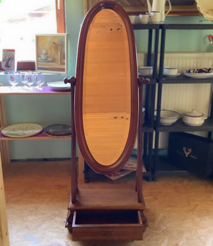 Holzspiegel mit Facettenschliff & Schublade – Vintage Standspiegel 175cm – Detailansicht 3
