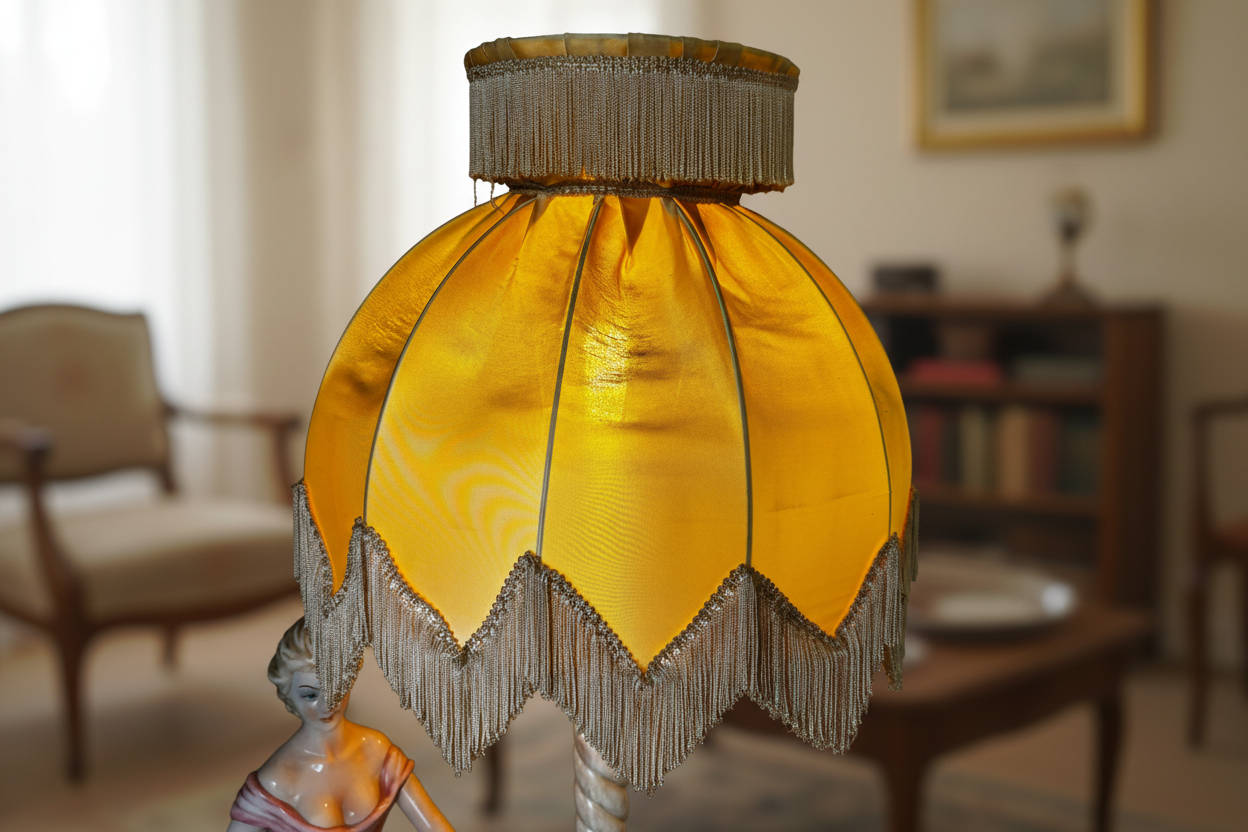 Vintage Porzellan-Tischlampe mit Delfinen und Frauenfigur – Weiß glasiert mit Stoffschirm – Detailansicht 2