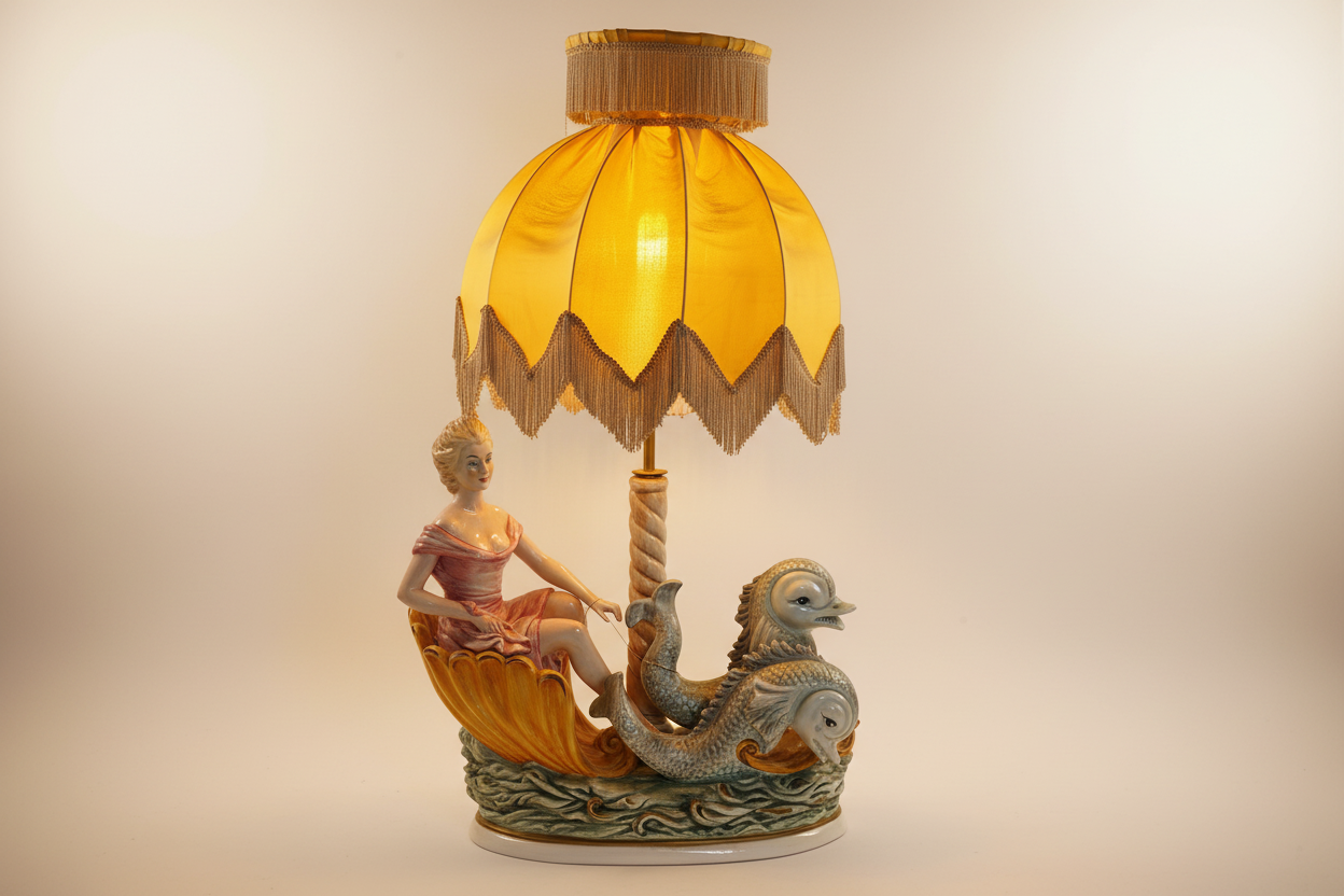 Vintage Porzellan-Tischlampe mit Delfinen und Frauenfigur – Weiß glasiert mit Stoffschirm – Gesamtansicht