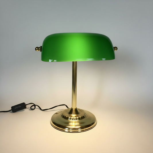Vintage Bankerlampe Messing mit grünem Glasschirm - Schreibtischlampe – Gesamtansicht